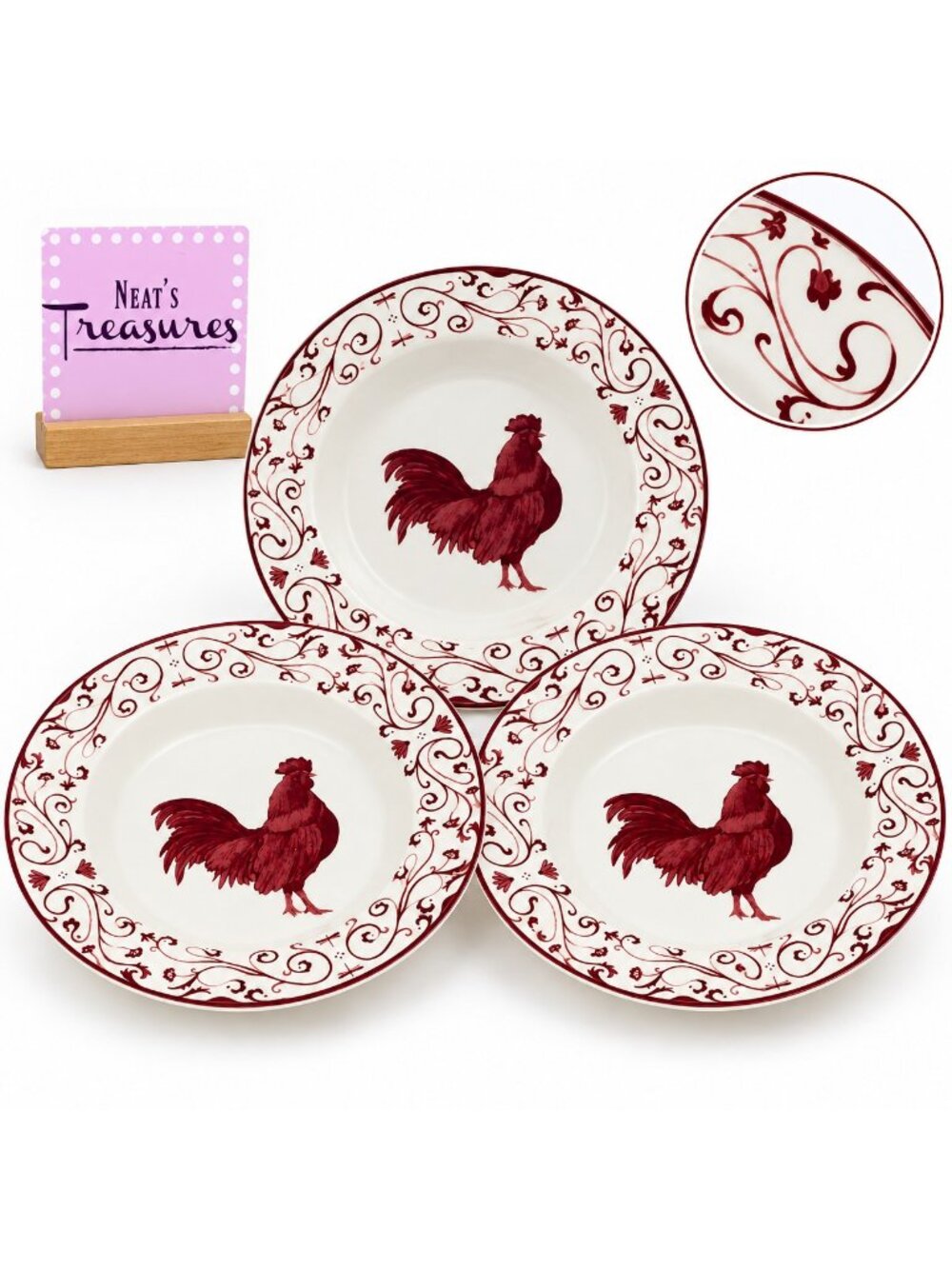 Canterbury Potteries COUNTRY TOILE Red Rooster Ceramic Large Rim Soup Bowl Set 3